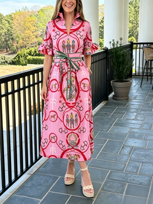 Pink Equestrian Print Ruffle Collar Midi Dress